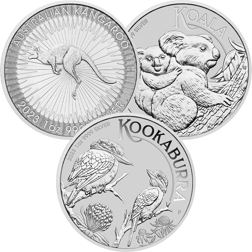 Pre-Owned Australian Kangaroo, Koala, & Kookaburra 1oz Silver Coin Collection - 3 Mixed Dates Coins 