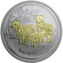 Pre-Owned 2015 Australian Lunar Goat Gilded 1oz Silver Coin - VAT Free