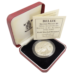 Pre-Owned 1992 Belize 50th Anniversary Battle of El Alamein $5 Silver Proof Coin - VAT Free