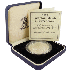 Pre-Owned 1991 Solomon Islands 50th Anniversary Pearl Harbour $1 Silver Proof Coin - VAT Free