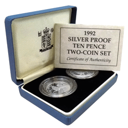 Pre-Owned 1992 UK 10p Proof Silver 2-Coin Set - VAT Free