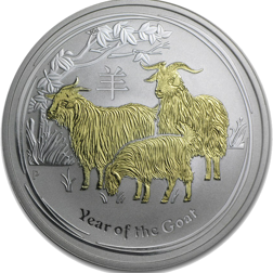 Pre-Owned 2015 Australian Proof Design Gilded Lunar Goat 1oz Silver Coin - VAT Free