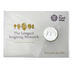 Pre-Owned 2015 UK The Longest Reigning Monarch £20 Fine Silver Coin - Carded - VAT Free