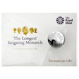 Pre-Owned 2015 UK The Longest Reigning Monarch £20 Fine Silver Coin - Carded - VAT Free