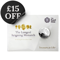 Pre-Owned 2015 UK The Longest Reigning Monarch £20 Fine Silver Coin - Carded - VAT Free