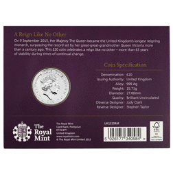 Pre-Owned 2015 UK The Longest Reigning Monarch £20 Fine Silver Coin - Carded - VAT Free