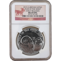 Pre-Owned 2015 UK Lunar Sheep 1oz Silver Coin - NGC Graded MS69 - 3973110-105 - VAT Free