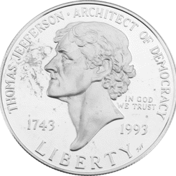 Pre-Owned 1993 USA Thomas Jefferson 250th Anniversary Proof Silver Dollar - VAT Free