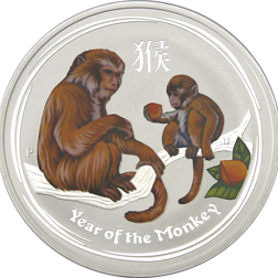 Pre-Owned 2016 Australian Lunar Monkey Colourised 1oz Silver Coin - VAT Free