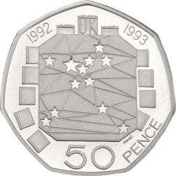 Pre-Owned UK 1992/1993 EU Single Market 50p Proof Design Piedfort Silver Coin - VAT Free