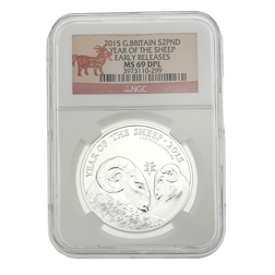 Pre-Owned 2015 UK Lunar Sheep 1oz Silver Coin - NGC Graded MS69 - 3973110-299 - VAT Free