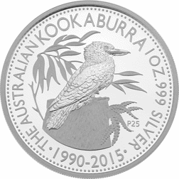 Pre-Owned Australian 2015 25th Anniversary of the Kookaburra 1oz Proof Silver Coin - VAT Free