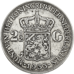 Pre-Owned 1933 Netherlands 2.5 Gulden Silver Coin - VAT Free