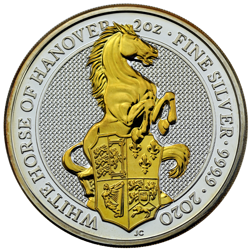 Pre-Owned 2020 UK Queen’s Beasts The White Horse of Hanover 2oz Gilded Silver Coin - VAT Free