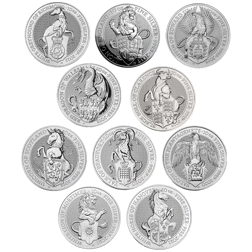 Pre-Owned UK Queen's Beasts 10oz Silver Coin Full Collection in Wooden Box (10 Coins) - VAT Free