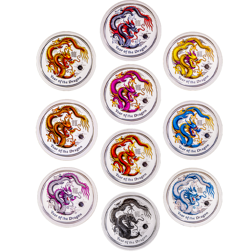Pre-Owned 2012 Australian Lunar Series II Dragon Colourised 1oz Silver 10-Coin Collection - VAT Free