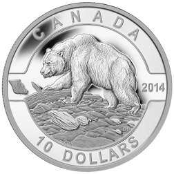 Pre-Owned 2014 Canadian Grizzly Bear $10 Proof Design Silver Coin - VAT Free