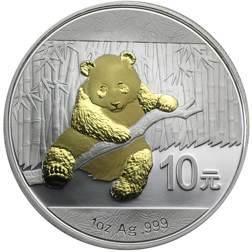 Pre-Owned 2014 Chinese Panda 1oz Gilded Silver Coin - VAT Free