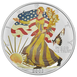 Pre-Owned 2003 USA Eagle 'Privy War Bonnet' Colourised 1oz Silver Coin - VAT Free