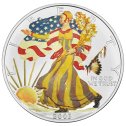 Pre-Owned 2003 USA Eagle 'Privy War Bonnet' Colourised 1oz Silver Coin - VAT Free