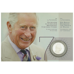 Pre-Owned 2018 UK Prince of Wales 70th Birthday £5 Proof Silver Coin in Stamp Cover - VAT Free