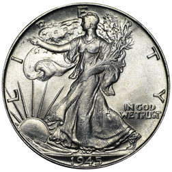 Pre-Owned 1945 USA Walking Liberty Half Dollar Philadelphia Mint Silver Coin - VAT Free