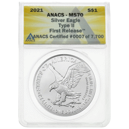 Pre-Owned 2021 USA Eagle Type II 1oz Silver Coin - ANACS Graded MS70 - 0702823010105059 - VAT Free