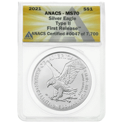 Pre-Owned 2021 USA Eagle Type II 1oz Silver Coin - ANACS Graded MS70 - 0702873010105102 - VAT Free