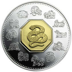 Pre-Owned 2001 Canadian Lunar Snake Gilded 1oz Proof Silver Coin - VAT Free