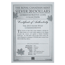 Pre-Owned 2013 Canadian Wolf $20 Silver Coin - VAT Free