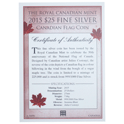 Pre-Owned 2015 Canadian Flag $25 Silver Coin - VAT Free