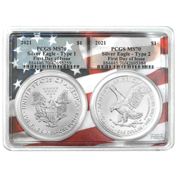 Pre-Owned 2021 USA Eagle 1oz Silver 2-Coin Set PCGS Graded MS70 - VAT Free