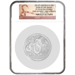 Pre-Owned 2013 Australian Lunar Snake 5oz Proof Silver Coin - NGC Graded PF70 - 3692704-350 - VAT Free