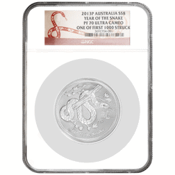 Pre-Owned 2013 Australian Lunar Snake 5oz Proof Silver Coin - NGC Graded PF70 - 3692704-081 - VAT Free