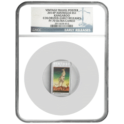 Pre-Owned 2014 Australian Vintage Travel Poster Rectangular 1oz Proof Silver Coin - NGC Graded PF70