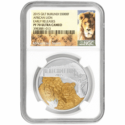Pre-Owned 2015 Burundi African Lion 'Gilt' 1oz Proof Silver Coin - NGC Graded PF70 - 3983881-013 - VAT Free