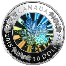 Pre-Owned 2015 Canadian Lustrous Maple Leaves Holographic 5oz Proof Silver Coin - VAT Free