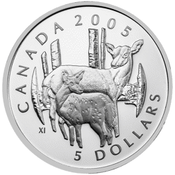 Pre-Owned 2005 Canadian White-Tailed Deer and Fawn $5 Proof Silver Coin - VAT Free