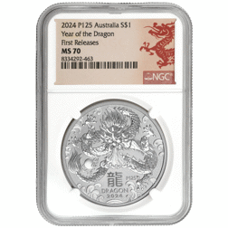 Pre-Owned 2024 Australian Lunar Dragon 1oz Silver Coin - NGC Graded MS70 - 8334292-463 - VAT Free