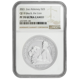 Pre-Owned 2021 Alderney Una and The Lion 2oz Silver Coin - NGC Graded PF70 - 6257499-185 - VAT Free