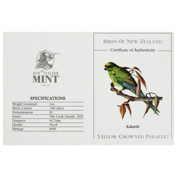 Pre-Owned 2005 Cook Islands Birds of New Zealand: Yellow Crowned Parakeet 1oz Proof Design Silver Co