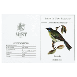 Pre-Owned 2005 Cook Islands Birds of New Zealand: Bellbird 1oz Proof Design Silver Coin - VAT Free