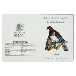 Pre-Owned 2005 Cook Islands Birds of New Zealand: New Zealand Pigeon 1oz Proof Design Silver Coin - 