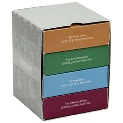 Pre-Owned 2020 UK Tower Of London £5 Proof Silver 4-Coin Collection - Damaged Box - VAT Free