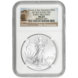 Pre-Owned 2014 USA Eagle San Francisco 1oz Silver Coin - NGC Graded MS69 - 3856025-039 - VAT Free