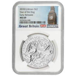 Pre-Owned 2018 UK Lunar Dog 1oz Silver Coin - NGC Graded MS69 - 4599656-048 - VAT Free
