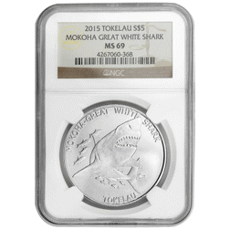 Pre-Owned 2015 Tokelau Mokoha Great White Shark 1oz Silver Coin - NGC Graded MS69 - 4267060-368 - VA