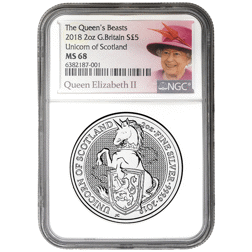Pre-Owned 2018 UK Queen's Beasts The Unicorn of Scotland 2oz Silver Coin - NGC Graded MS68 - 6382187