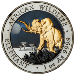 Pre-Owned 2016 Somalian Elephant Colourised Black Ruthenium and Gold Plated 1oz Silver Coin - VAT Fr