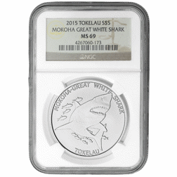 Pre-Owned 2015 Tokelau Mokoha Great White Shark 1oz Silver Coin - NGC Graded MS69 - 4267060-173 - VA